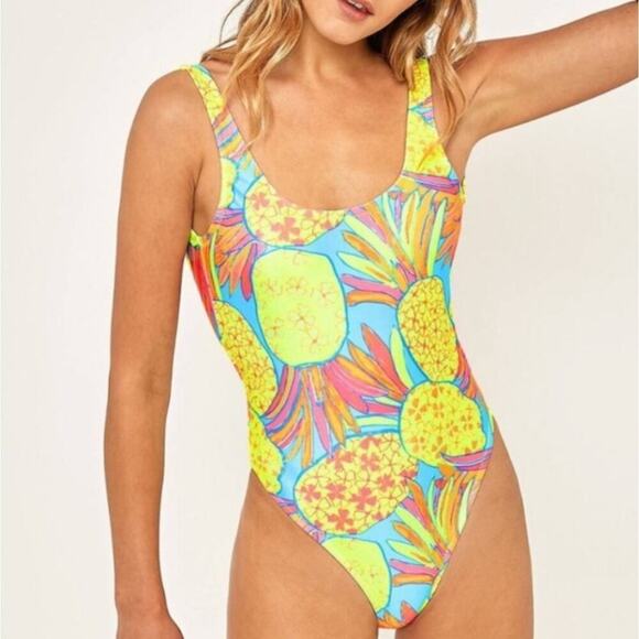 Chubbies One Piece Pineapple Neon Beach Miami 80s Vacation Low Back Sexy sz L - Picture 2 of 8